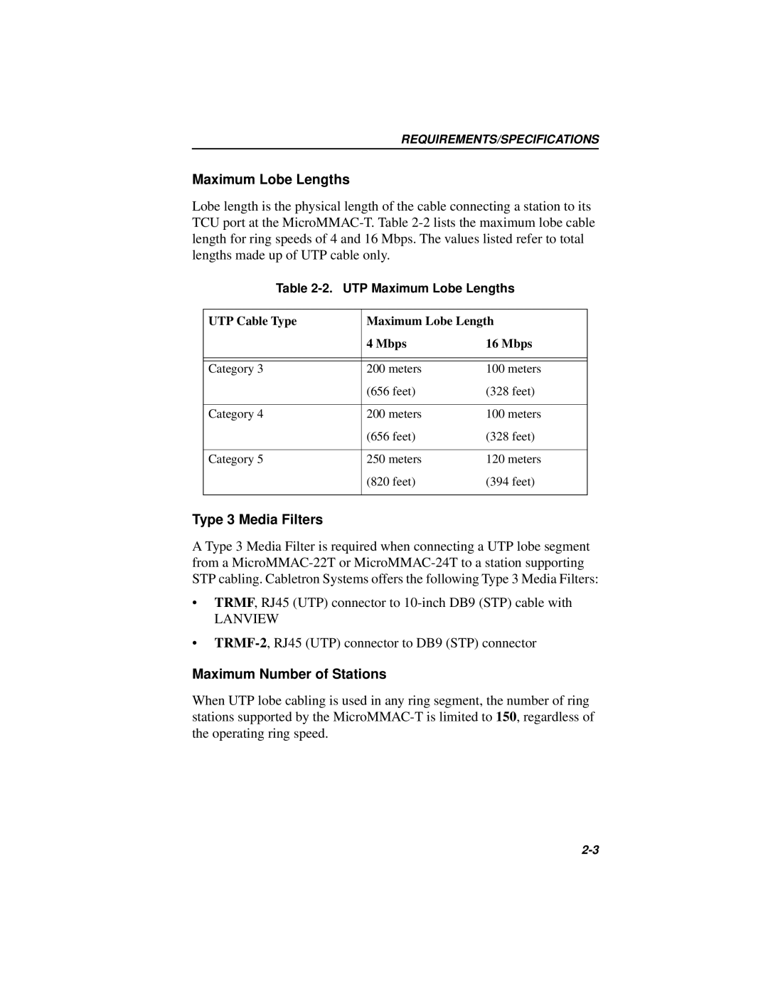Cabletron Systems MICROMMAC-22T, 42T manual Maximum Lobe Lengths, Type 3 Media Filters, Maximum Number of Stations 