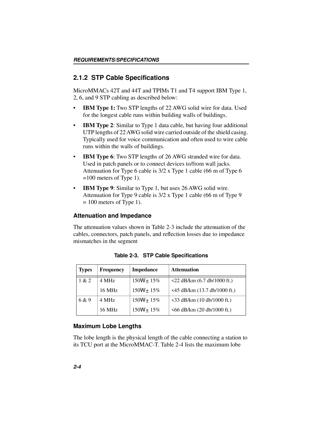 Cabletron Systems 42T, MICROMMAC-22T manual STP Cable Speciﬁcations, Types Frequency Impedance Attenuation 