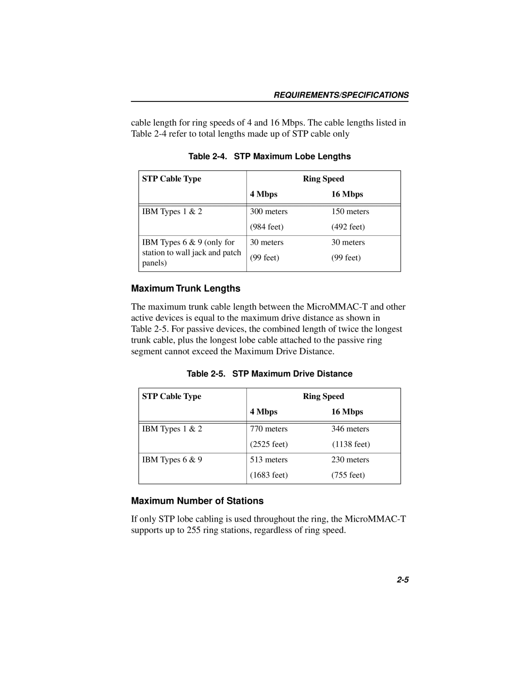 Cabletron Systems MICROMMAC-22T, 42T manual Maximum Trunk Lengths, STP Maximum Lobe Lengths, STP Cable Type Ring Speed Mbps 