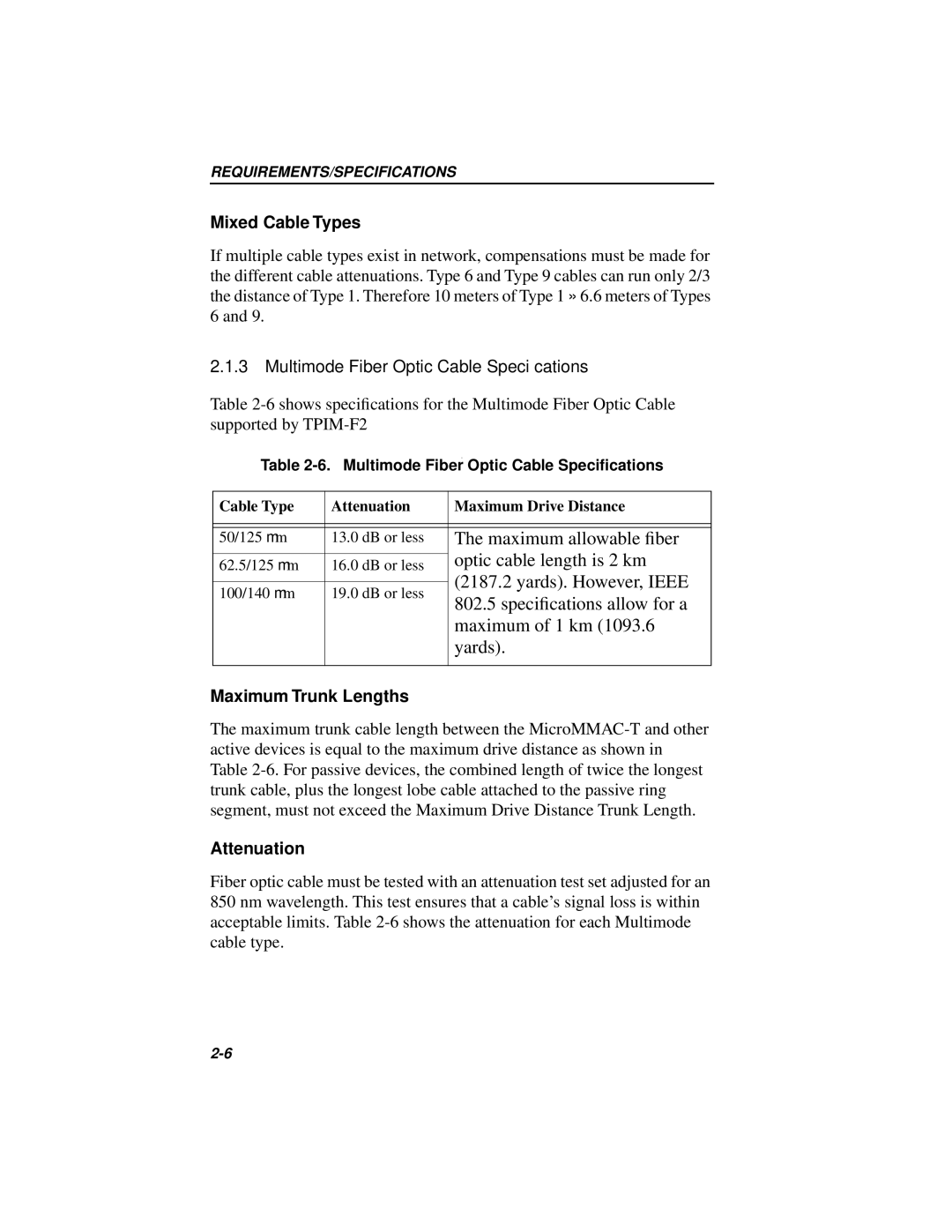 Cabletron Systems MICROMMAC-22T, 42T manual Mixed Cable Types, Attenuation, Multimode Fiber Optic Cable Speciﬁcations 