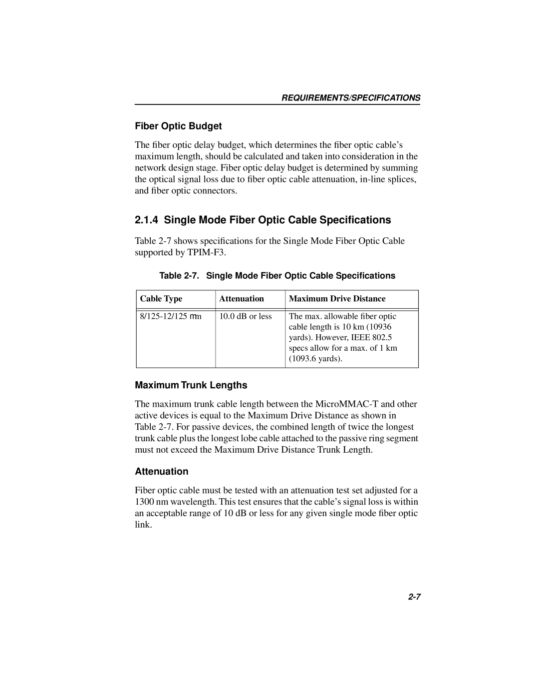 Cabletron Systems 42T, MICROMMAC-22T manual Single Mode Fiber Optic Cable Speciﬁcations, Fiber Optic Budget 