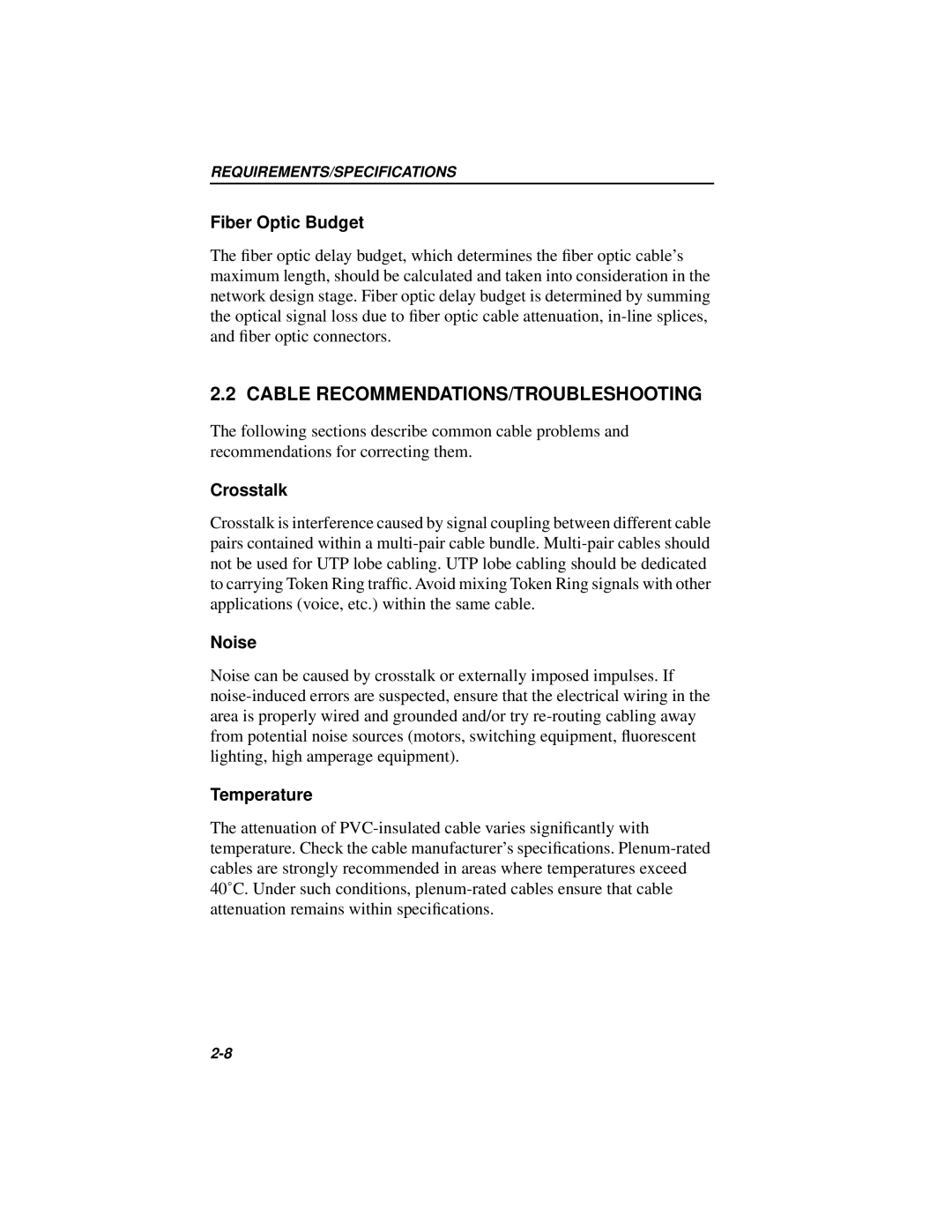 Cabletron Systems MICROMMAC-22T, 42T manual Cable RECOMMENDATIONS/TROUBLESHOOTING, Crosstalk, Noise, Temperature 