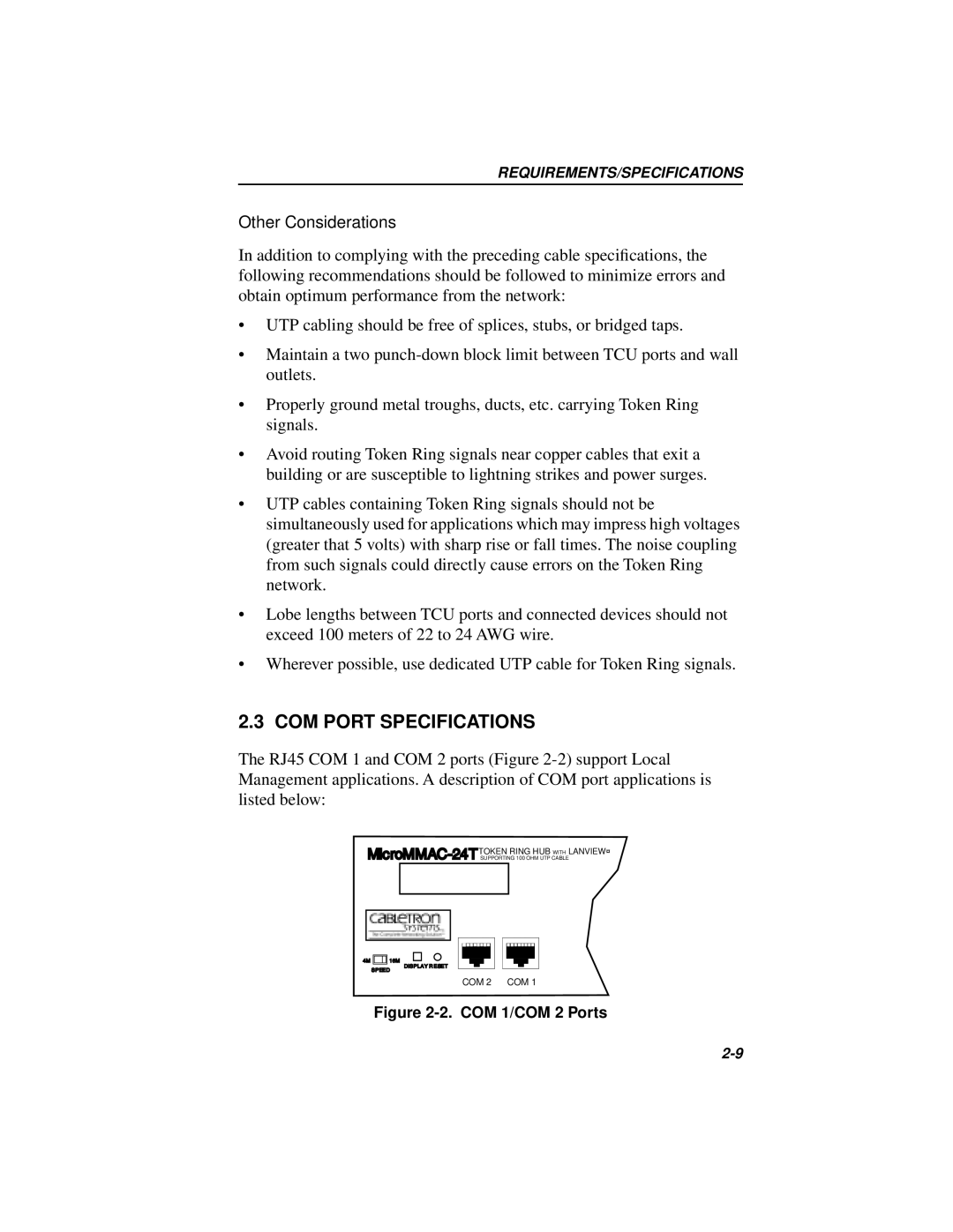 Cabletron Systems MICROMMAC-22T, 42T manual COM Port Specifications, COM 1/COM 2 Ports 