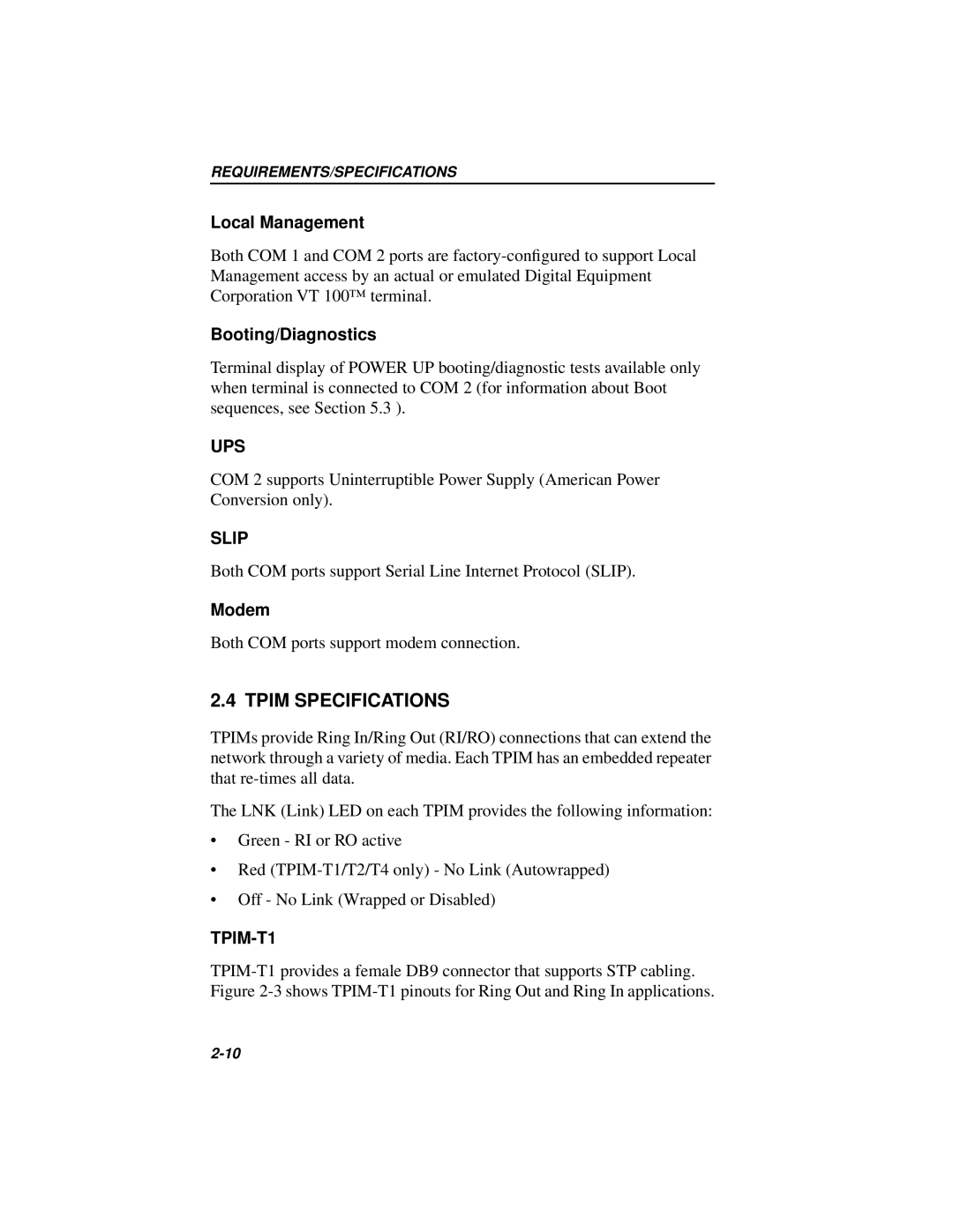 Cabletron Systems 42T, MICROMMAC-22T manual Tpim Specifications, Ups, Slip, TPIM-T1 