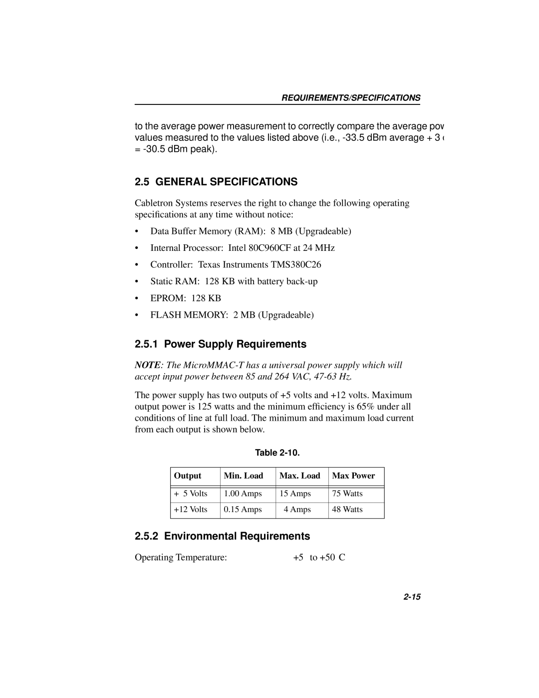 Cabletron Systems MICROMMAC-22T, 42T manual General Specifications, Power Supply Requirements, Environmental Requirements 