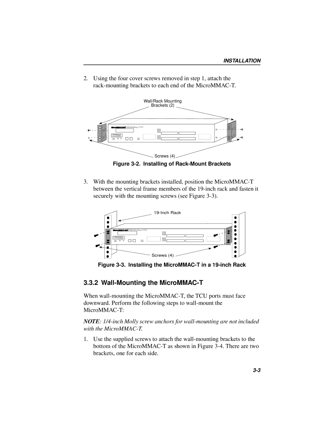 Cabletron Systems 42T, MICROMMAC-22T manual Wall-Mounting the MicroMMAC-T, Installing of Rack-Mount Brackets 