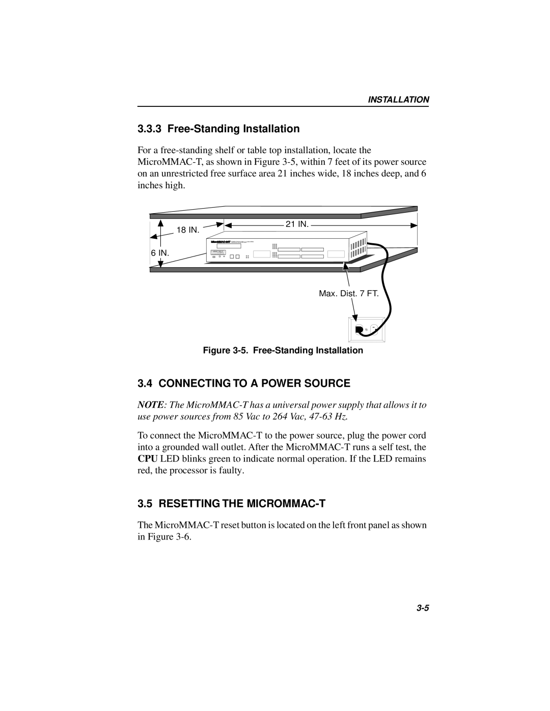 Cabletron Systems MICROMMAC-22T Free-Standing Installation, Connecting to a Power Source, Resetting the MICROMMAC-T 