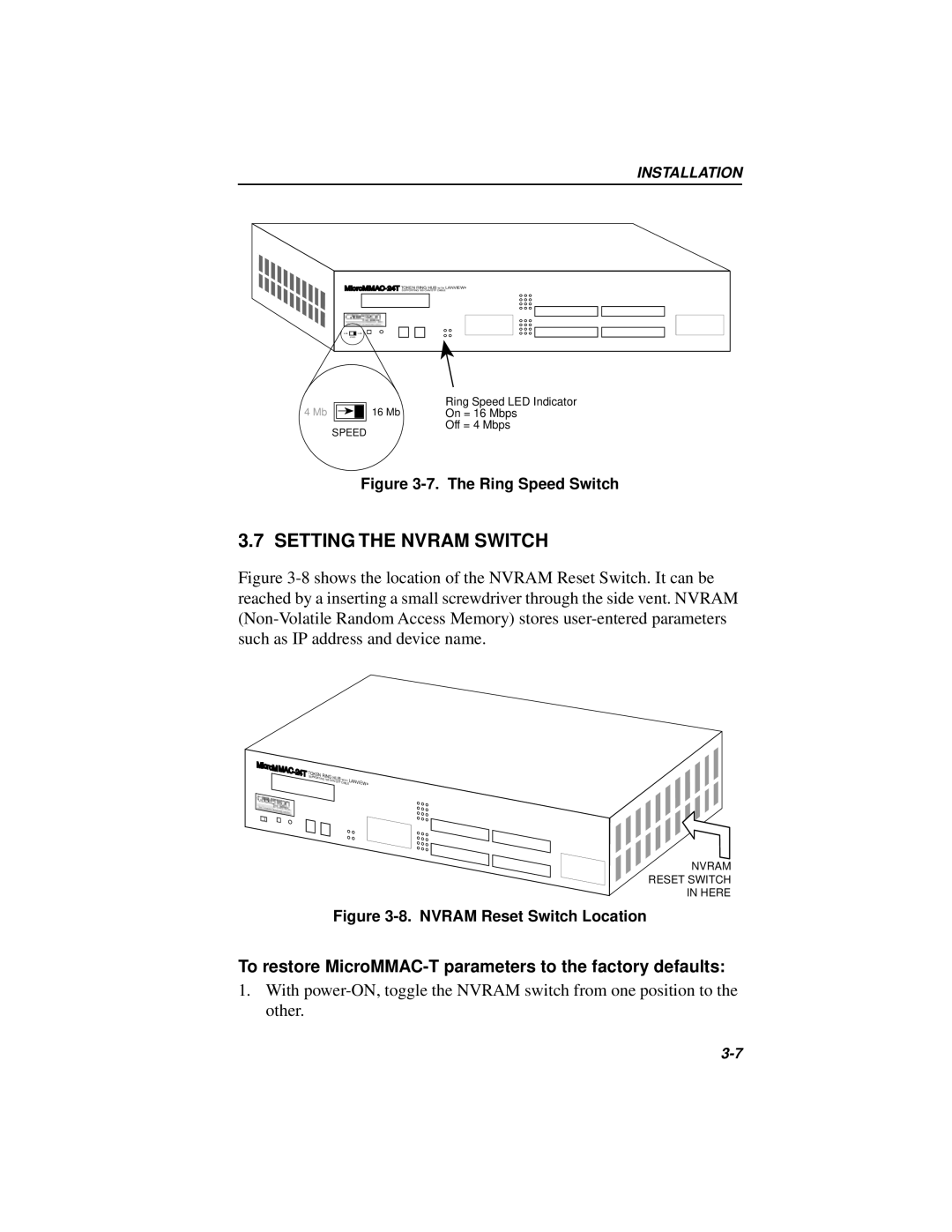 Cabletron Systems MICROMMAC-22T, 42T Setting the Nvram Switch, To restore MicroMMAC-T parameters to the factory defaults 