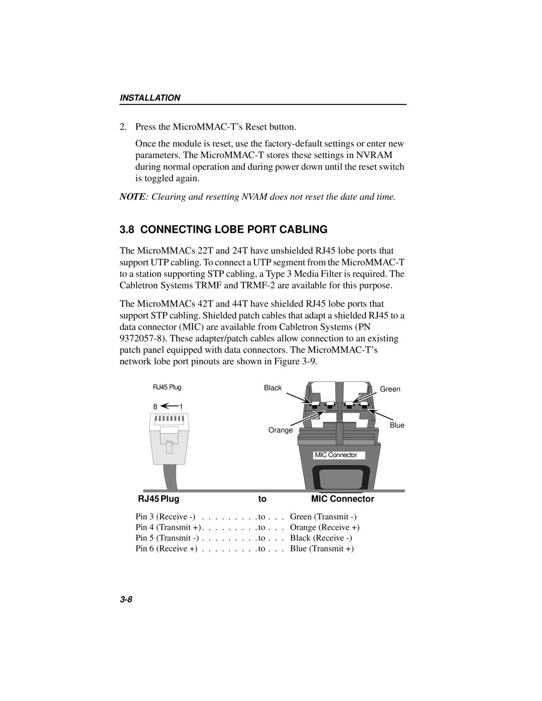 Cabletron Systems MICROMMAC-22T, 42T manual Connecting Lobe Port Cabling, RJ45 Plug MIC Connector 