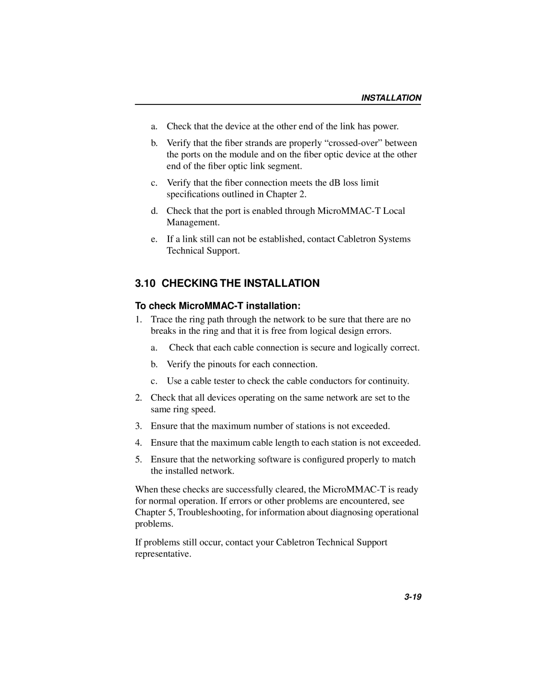 Cabletron Systems MICROMMAC-22T, 42T manual Checking the Installation, To check MicroMMAC-T installation 