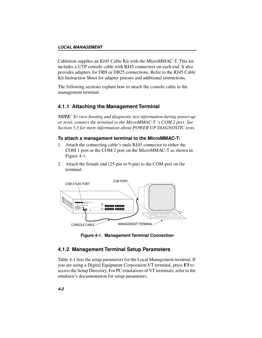 Cabletron Systems 42T, MICROMMAC-22T manual Attaching the Management Terminal, Management Terminal Setup Parameters 