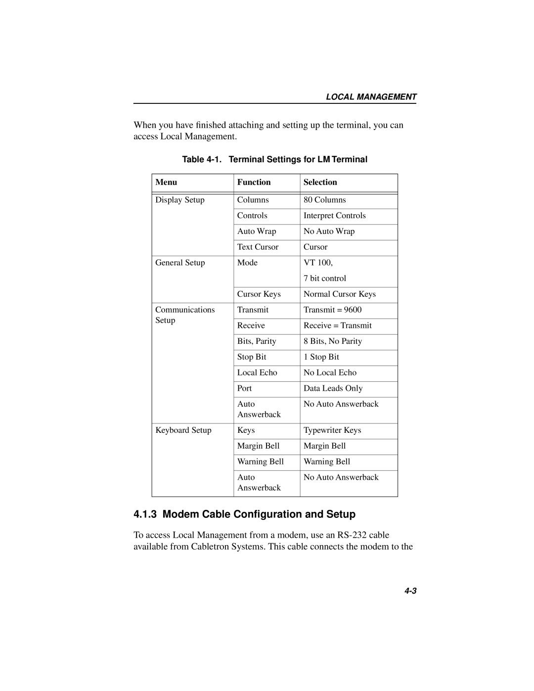Cabletron Systems MICROMMAC-22T, 42T manual Modem Cable Conﬁguration and Setup, Terminal Settings for LM Terminal 