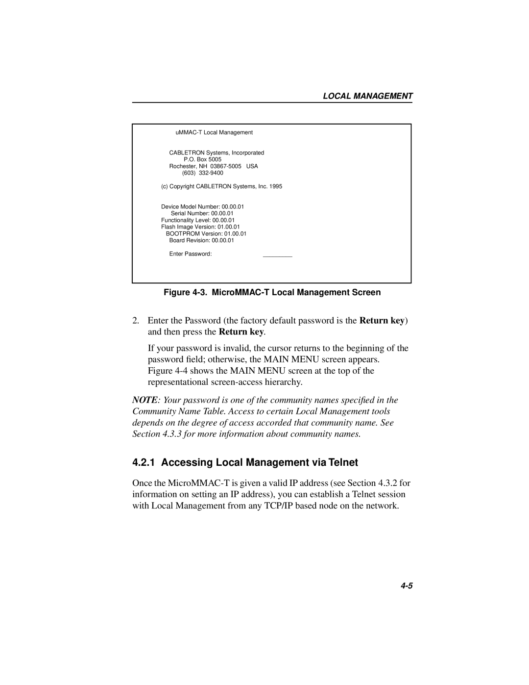 Cabletron Systems 42T, MICROMMAC-22T manual Accessing Local Management via Telnet, MicroMMAC-TLocal Management Screen 