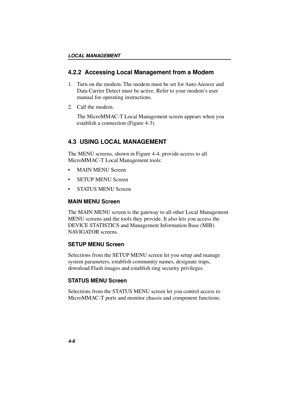 Cabletron Systems MICROMMAC-22T, 42T Accessing Local Management from a Modem, Using Local Management, Main Menu Screen 