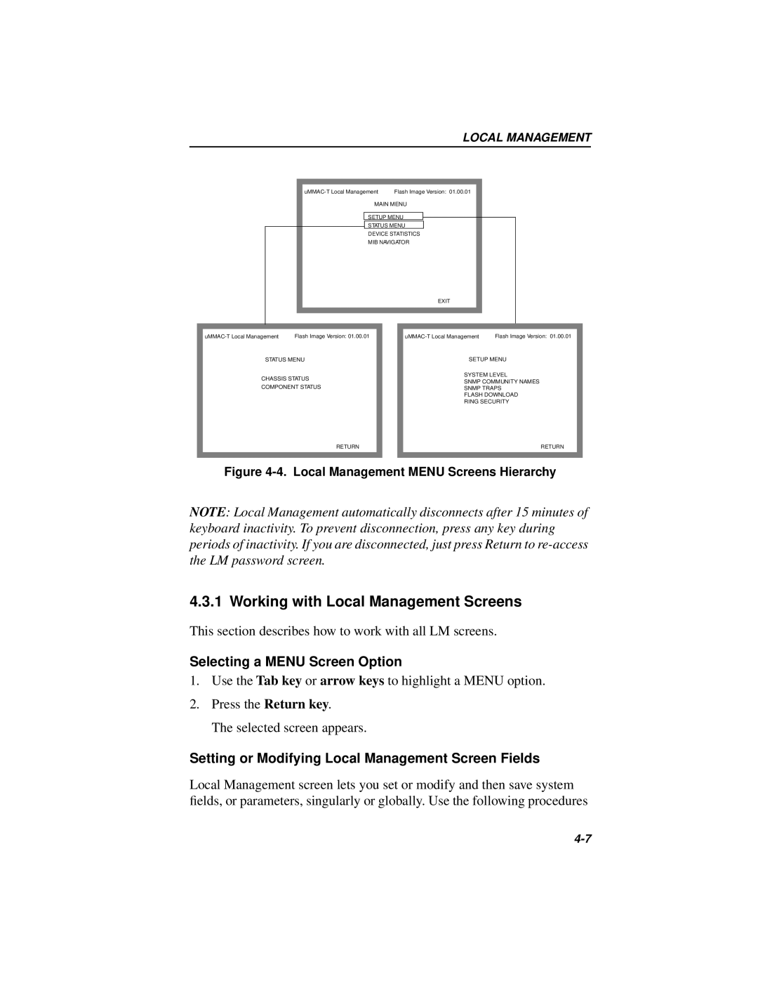 Cabletron Systems MICROMMAC-22T, 42T manual Working with Local Management Screens, Selecting a Menu Screen Option 