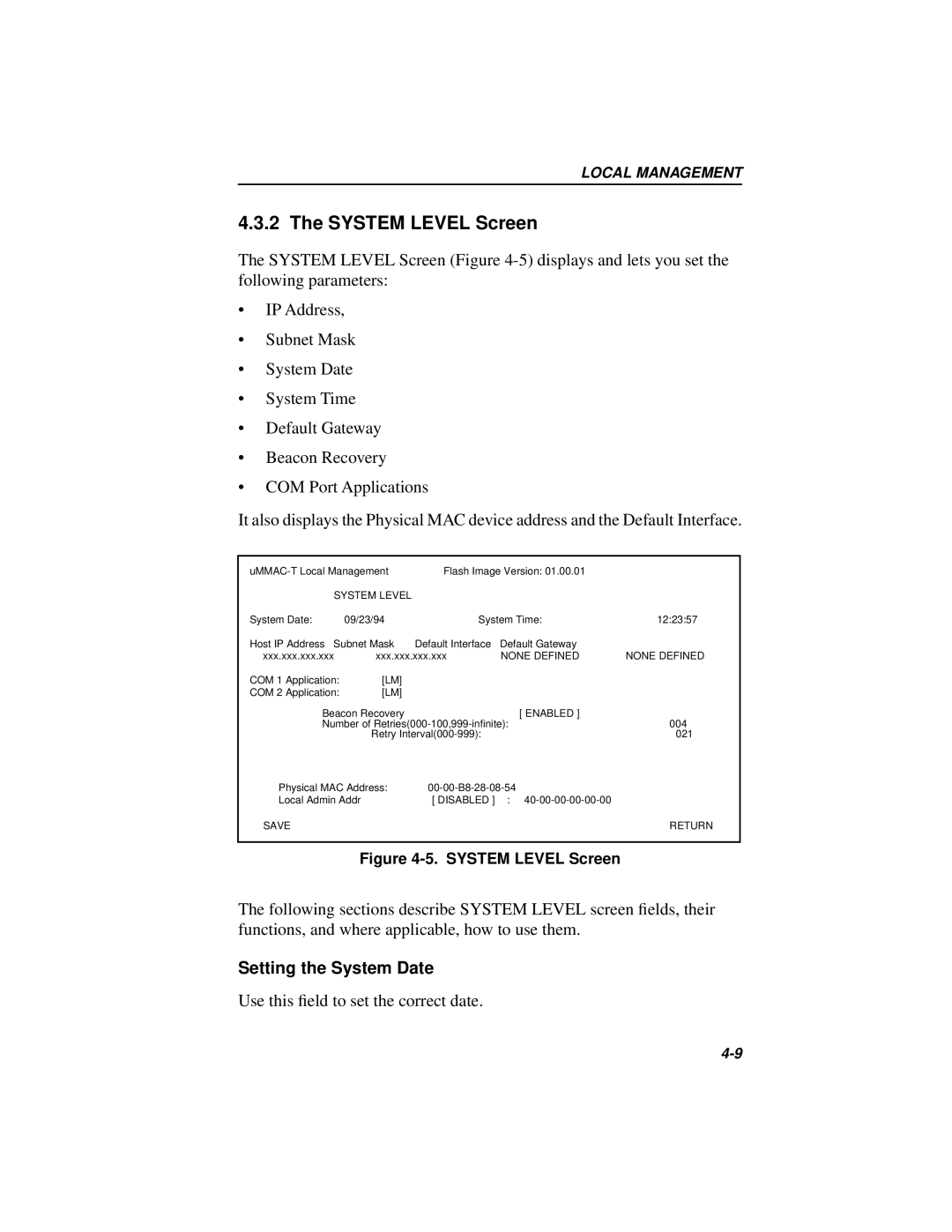 Cabletron Systems MICROMMAC-22T, 42T manual System Level Screen, Setting the System Date 