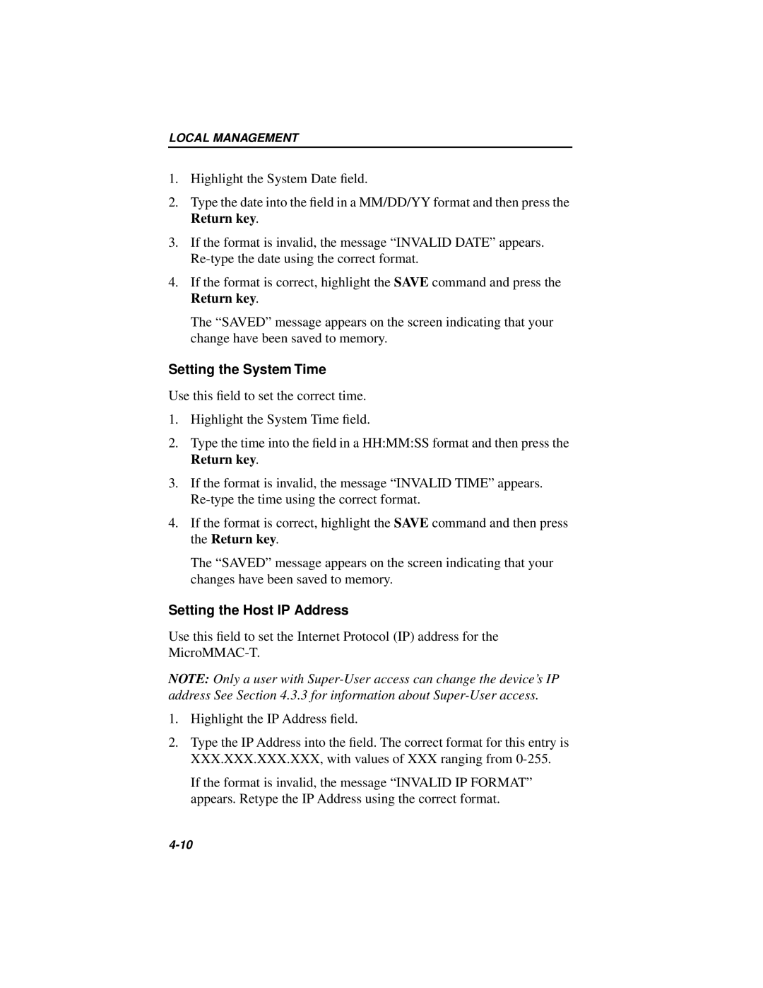 Cabletron Systems MICROMMAC-22T, 42T manual Setting the System Time, Setting the Host IP Address 