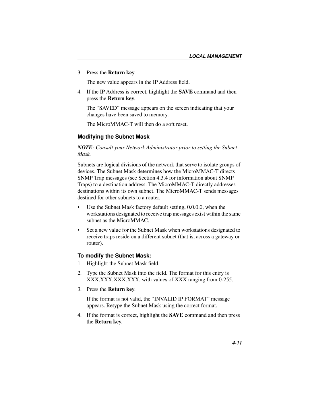 Cabletron Systems 42T, MICROMMAC-22T manual Modifying the Subnet Mask, To modify the Subnet Mask 