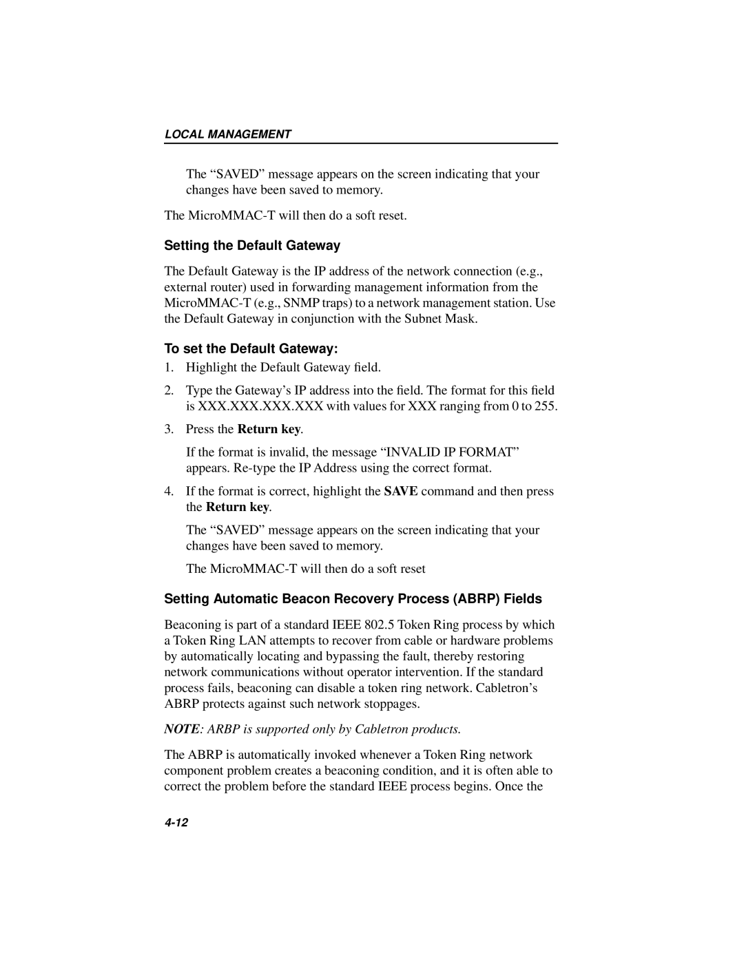 Cabletron Systems MICROMMAC-22T, 42T manual Setting the Default Gateway, To set the Default Gateway 