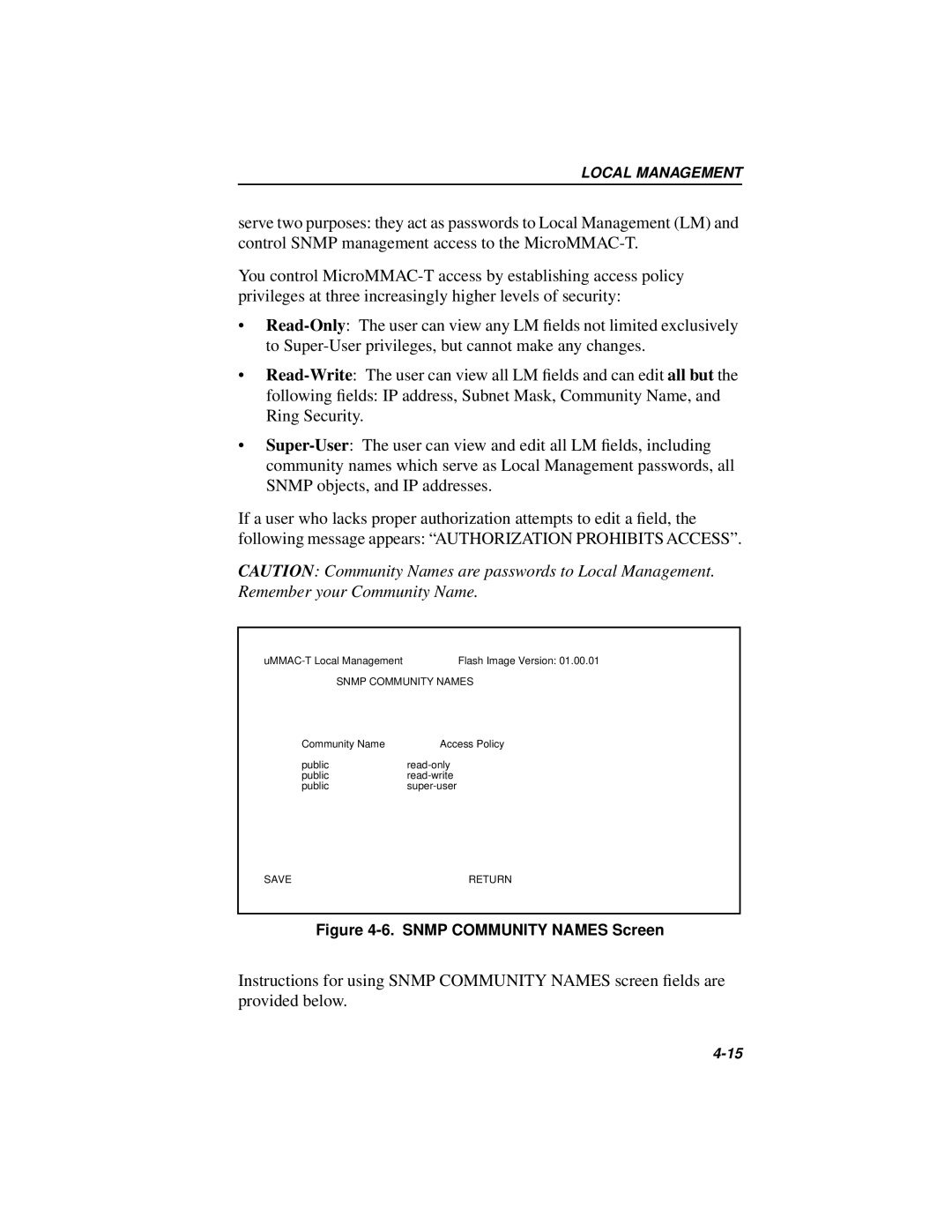 Cabletron Systems MICROMMAC-22T, 42T manual Snmp Community Names Screen 