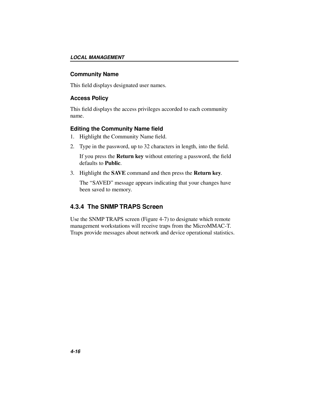 Cabletron Systems MICROMMAC-22T, 42T manual Snmp Traps Screen, Access Policy, Editing the Community Name ﬁeld 