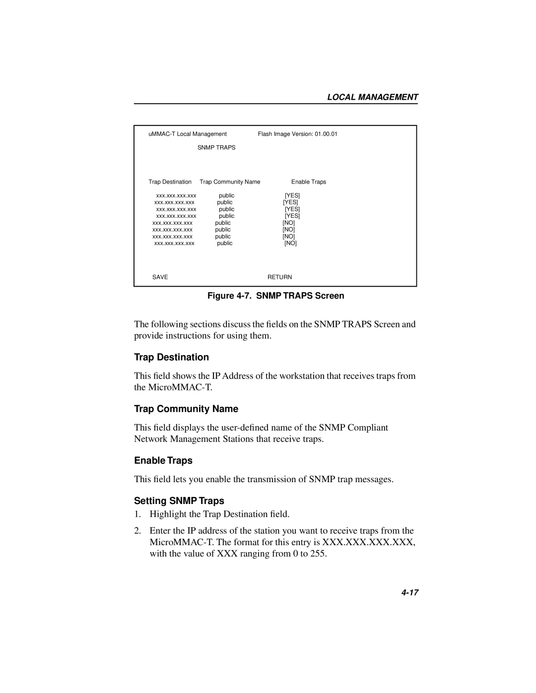 Cabletron Systems 42T, MICROMMAC-22T manual Trap Destination, Trap Community Name, Enable Traps, Setting Snmp Traps 