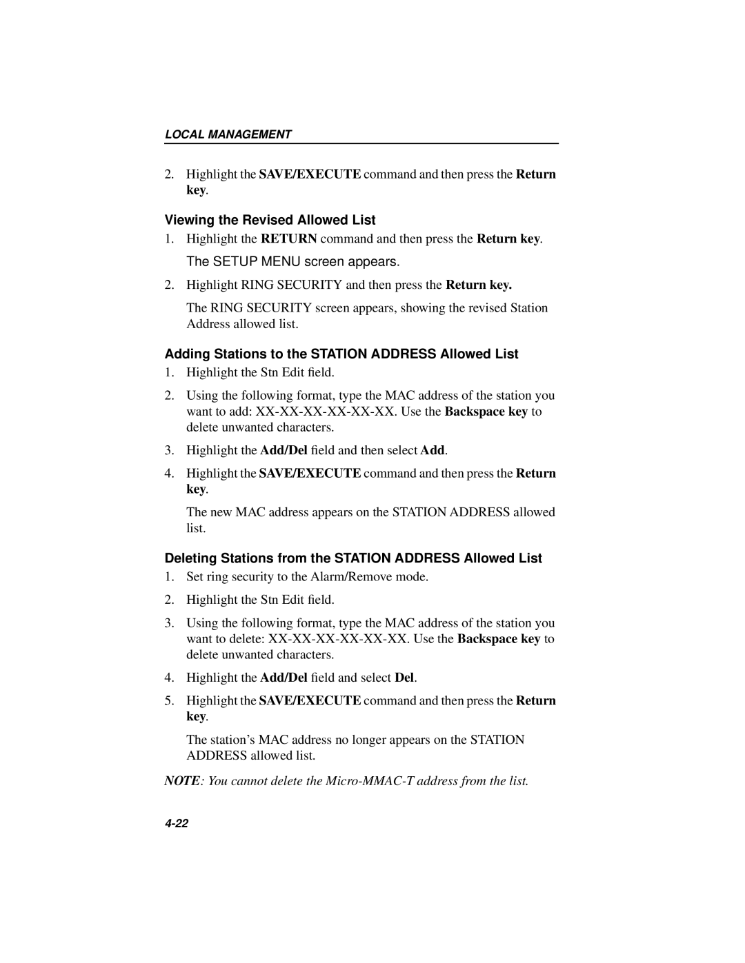 Cabletron Systems MICROMMAC, 42T Viewing the Revised Allowed List, Adding Stations to the Station Address Allowed List 