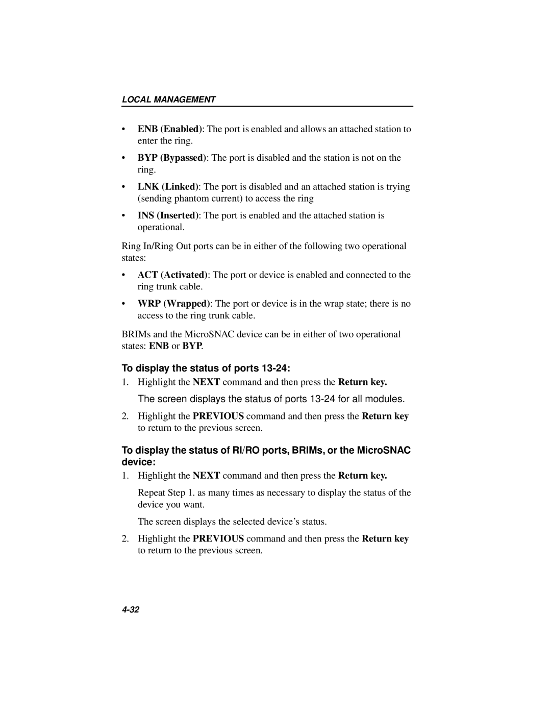 Cabletron Systems 42T, MICROMMAC-22T manual To display the status of ports 