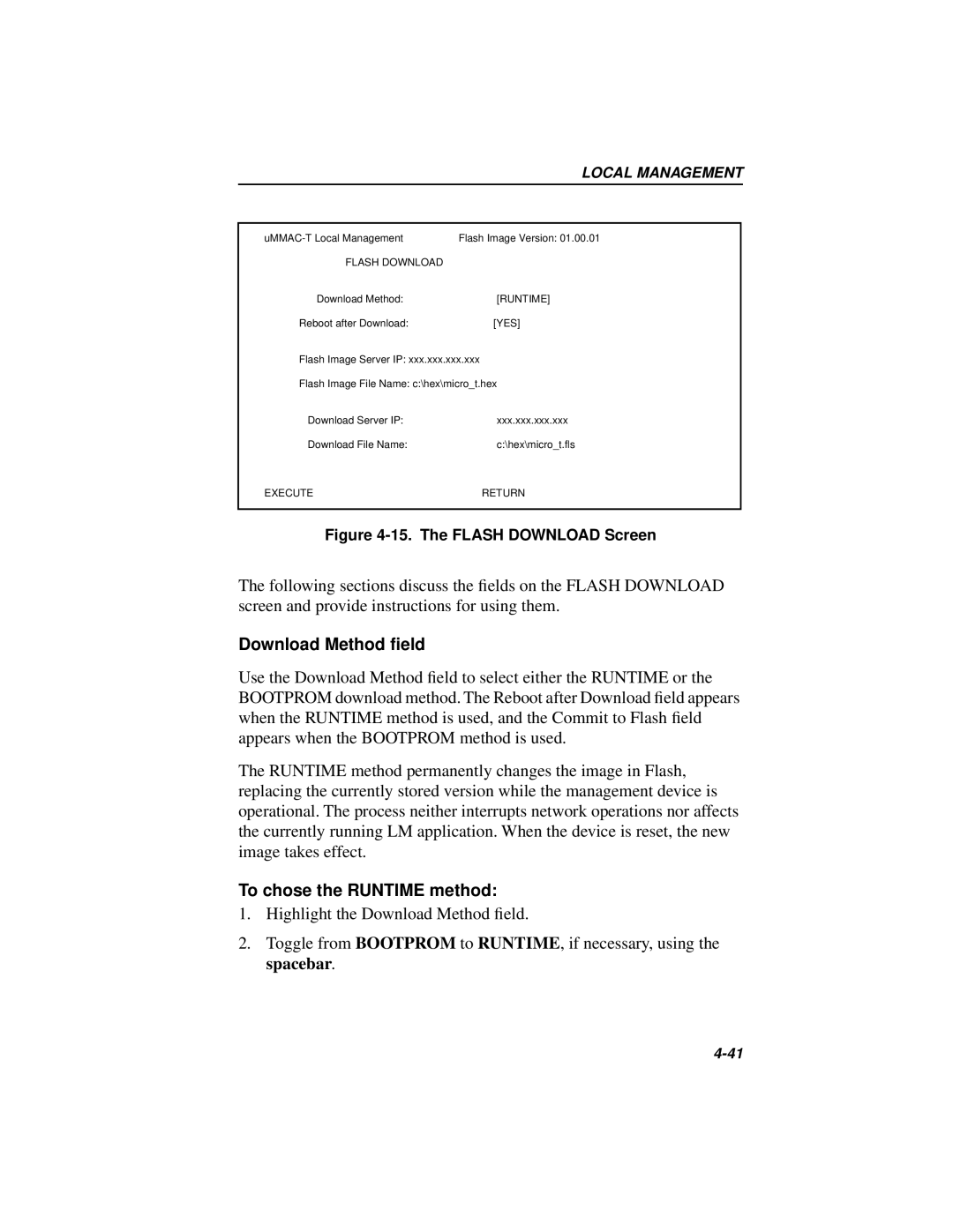 Cabletron Systems 42T, MICROMMAC-22T manual Download Method ﬁeld, To chose the Runtime method 