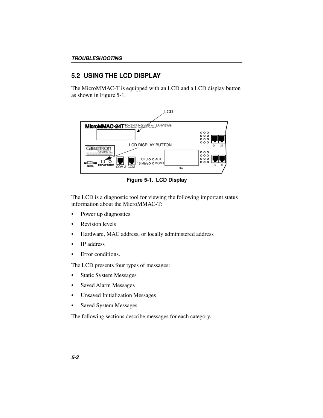Cabletron Systems 42T, MICROMMAC-22T manual Using The Lcd Display 