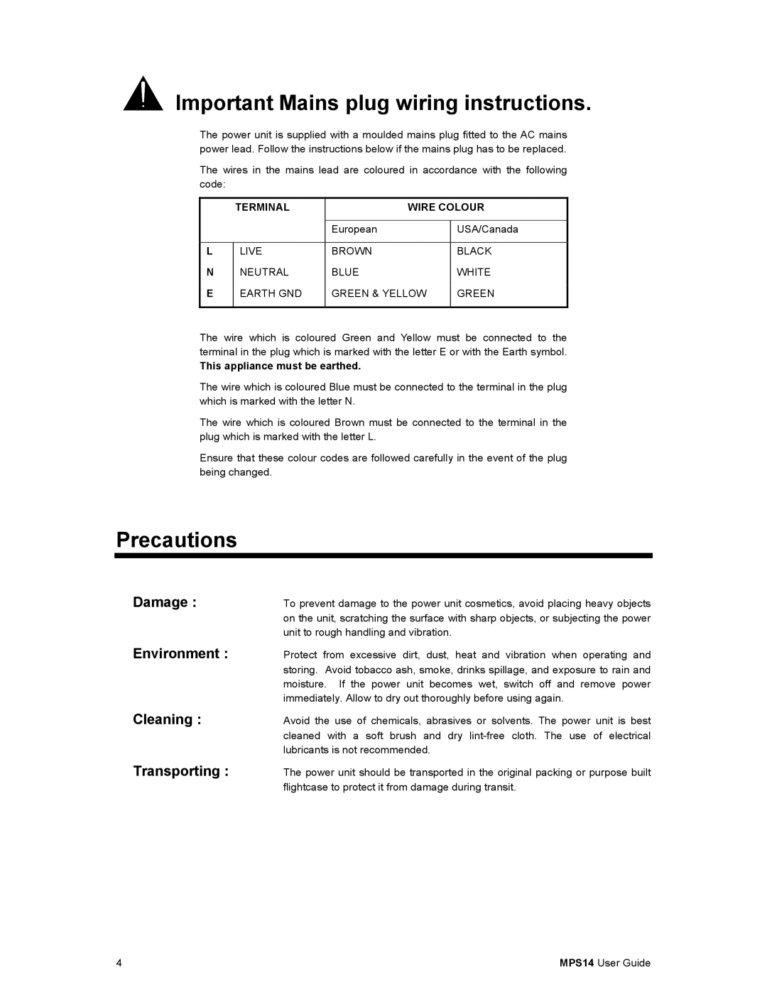 Cabletron Systems MPS14 Important Mains plug wiring instructions, Precautions, Damage Environment Cleaning Transporting 