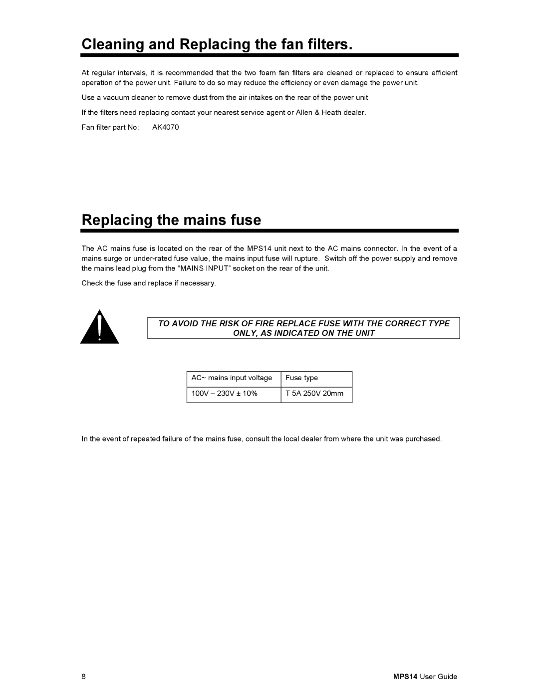 Cabletron Systems MPS14 manual Cleaning and Replacing the fan filters, Replacing the mains fuse 