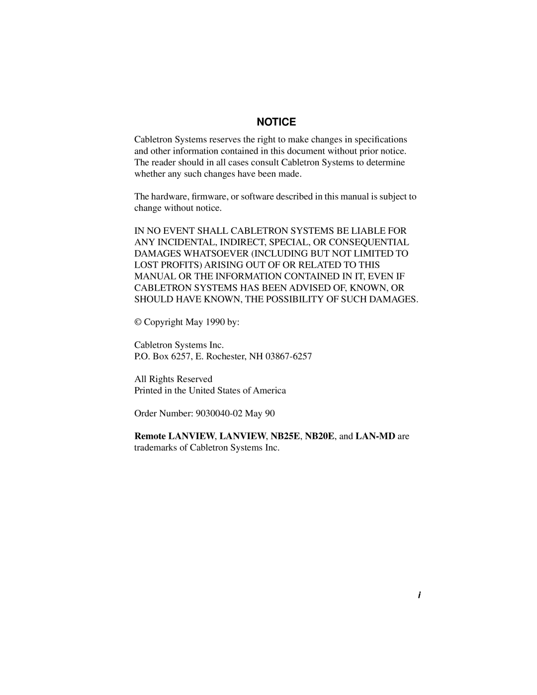 Cabletron Systems NB25 E, NB20E user manual Copyright May 1990 by Cabletron Systems Inc 