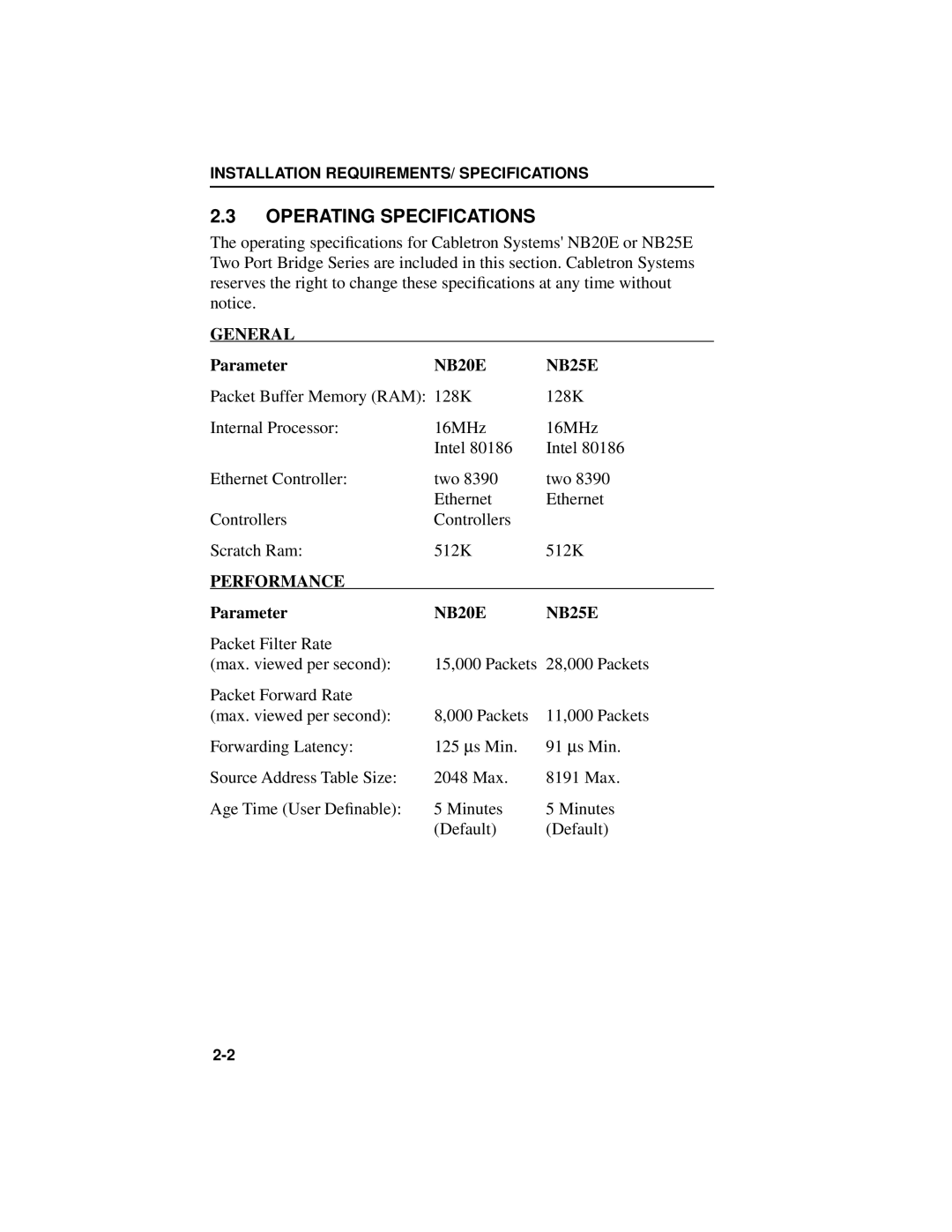 Cabletron Systems NB25 E user manual Operating Specifications, General, NB20E NB25E, Performance 