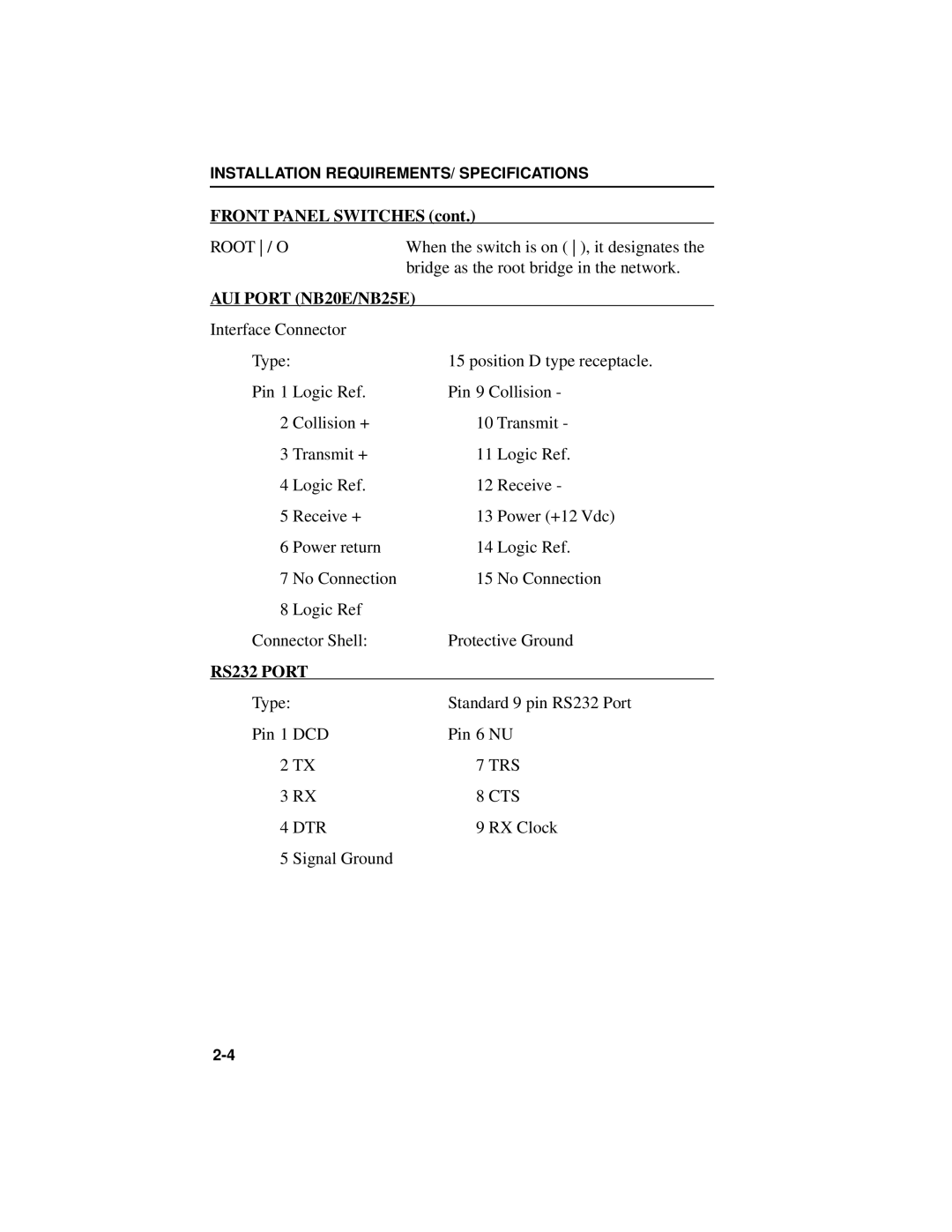 Cabletron Systems NB25 E user manual AUI Port NB20E/NB25E, RS232 Port 