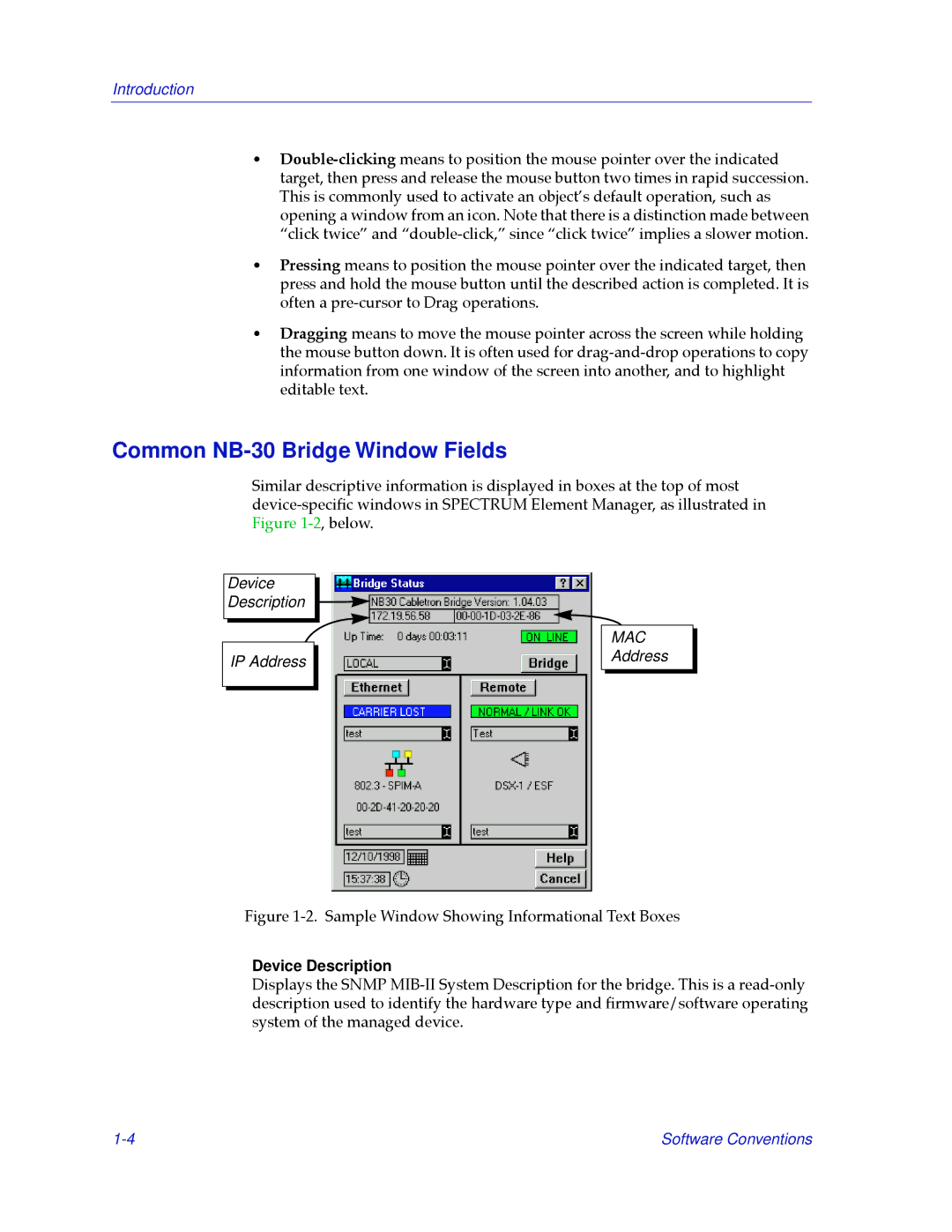 Cabletron Systems NB30 manual Common NB-30 Bridge Window Fields, Device Description 