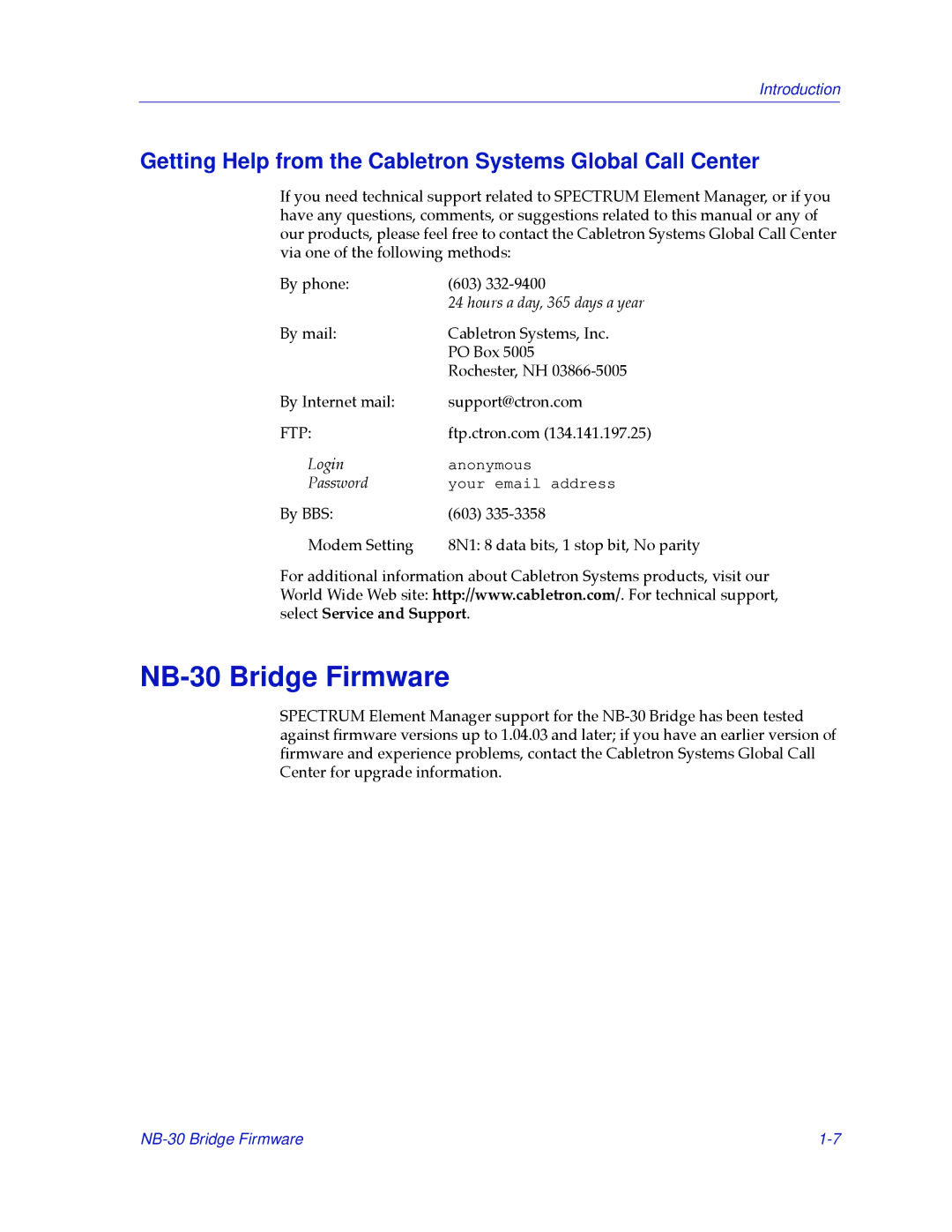 Cabletron Systems NB30 manual NB-30 Bridge Firmware, Getting Help from the Cabletron Systems Global Call Center 
