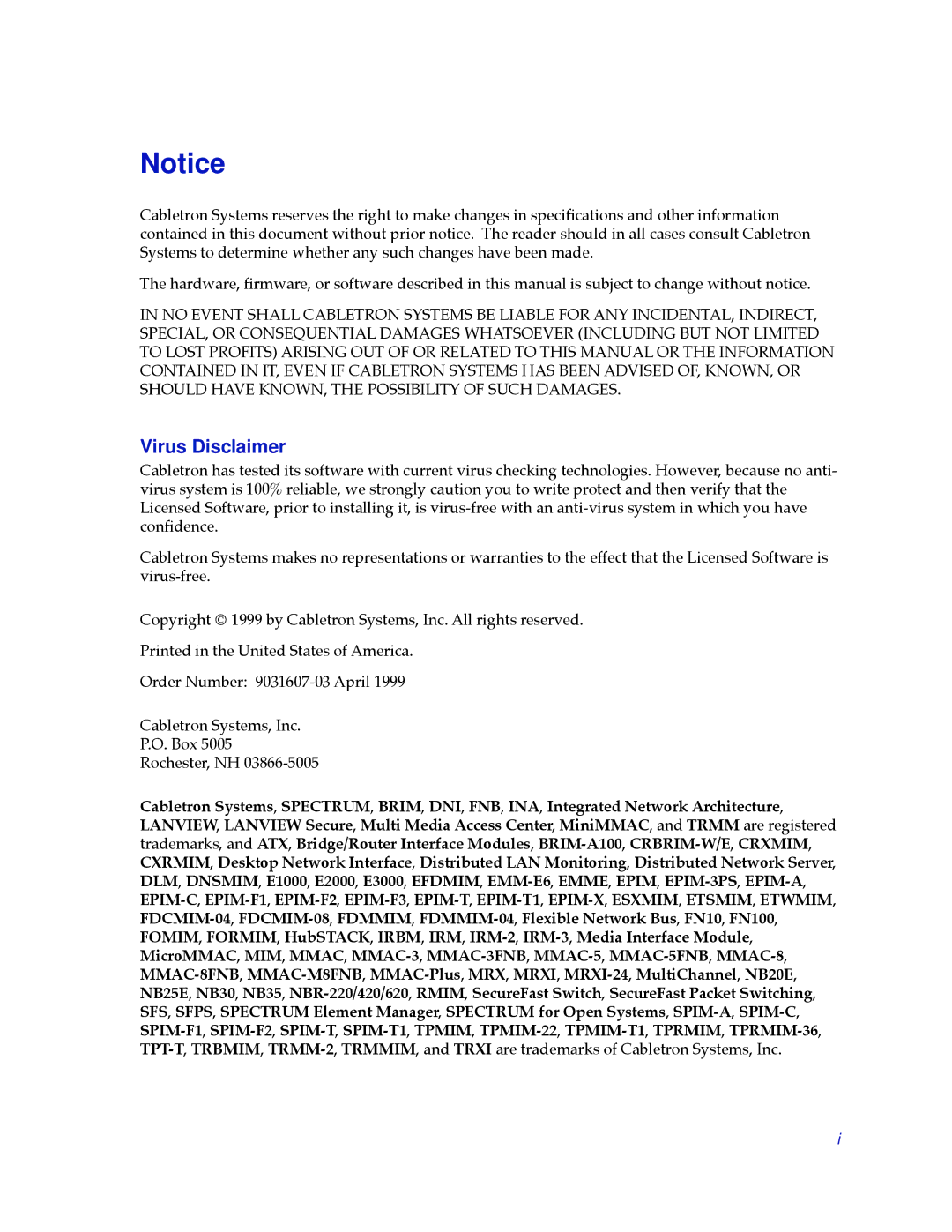 Cabletron Systems NB30 manual Virus Disclaimer 