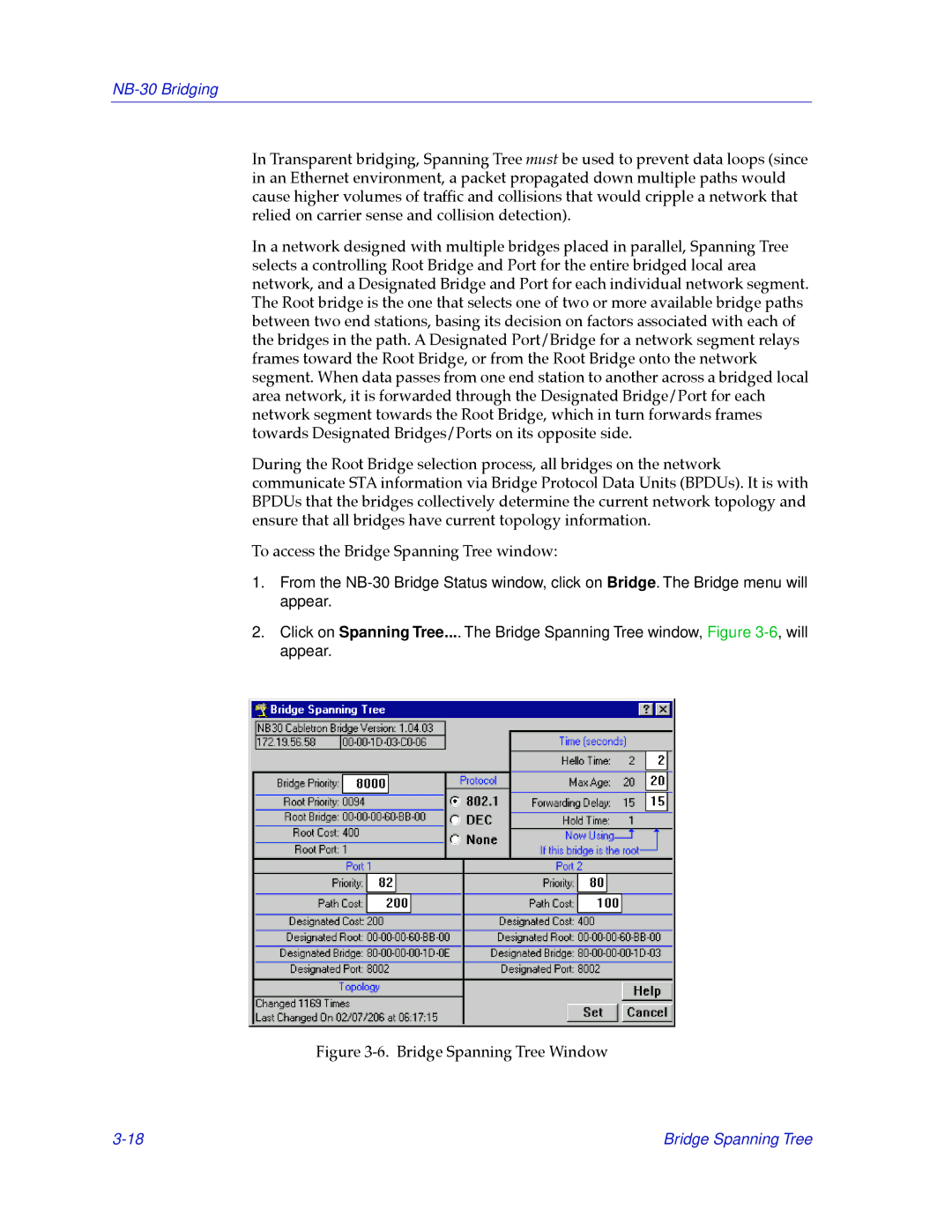 Cabletron Systems NB30 manual Bridge Spanning Tree Window 