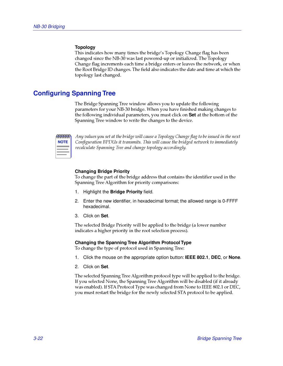 Cabletron Systems NB30 manual Conﬁguring Spanning Tree, Topology, Changing Bridge Priority 