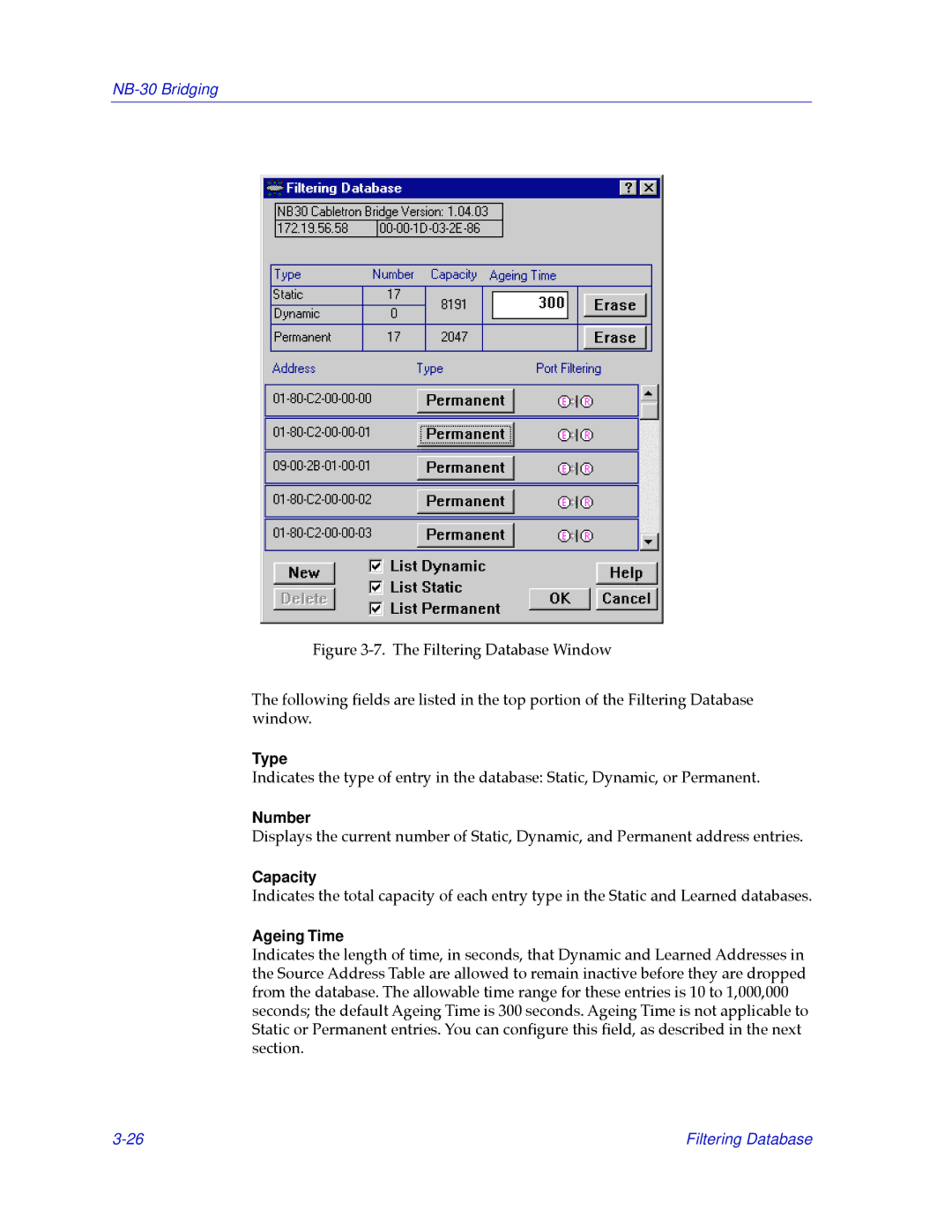 Cabletron Systems NB30 manual Type, Number, Capacity, Ageing Time 