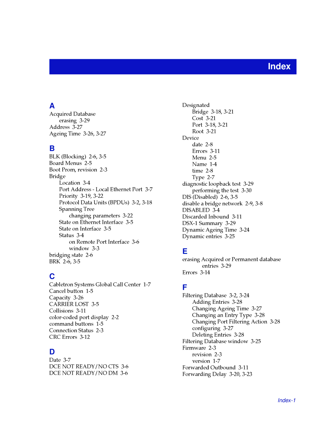 Cabletron Systems NB30 manual Index 