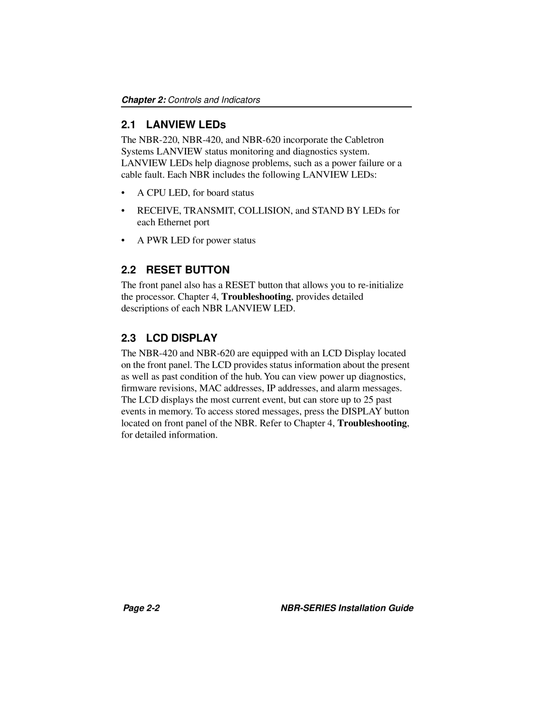 Cabletron Systems NBR-620, NBR-420, NBR-220 manual Lanview LEDs, Reset Button, LCD Display 