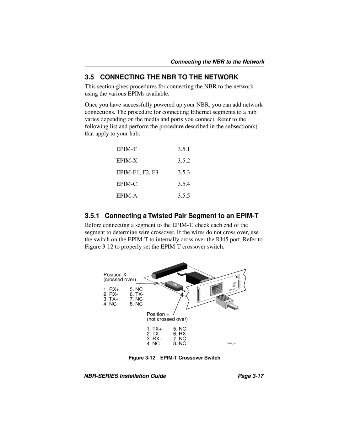 Cabletron Systems NBR-220, NBR-420 manual Connecting the NBR to the Network, Connecting a Twisted Pair Segment to an EPIM-T 