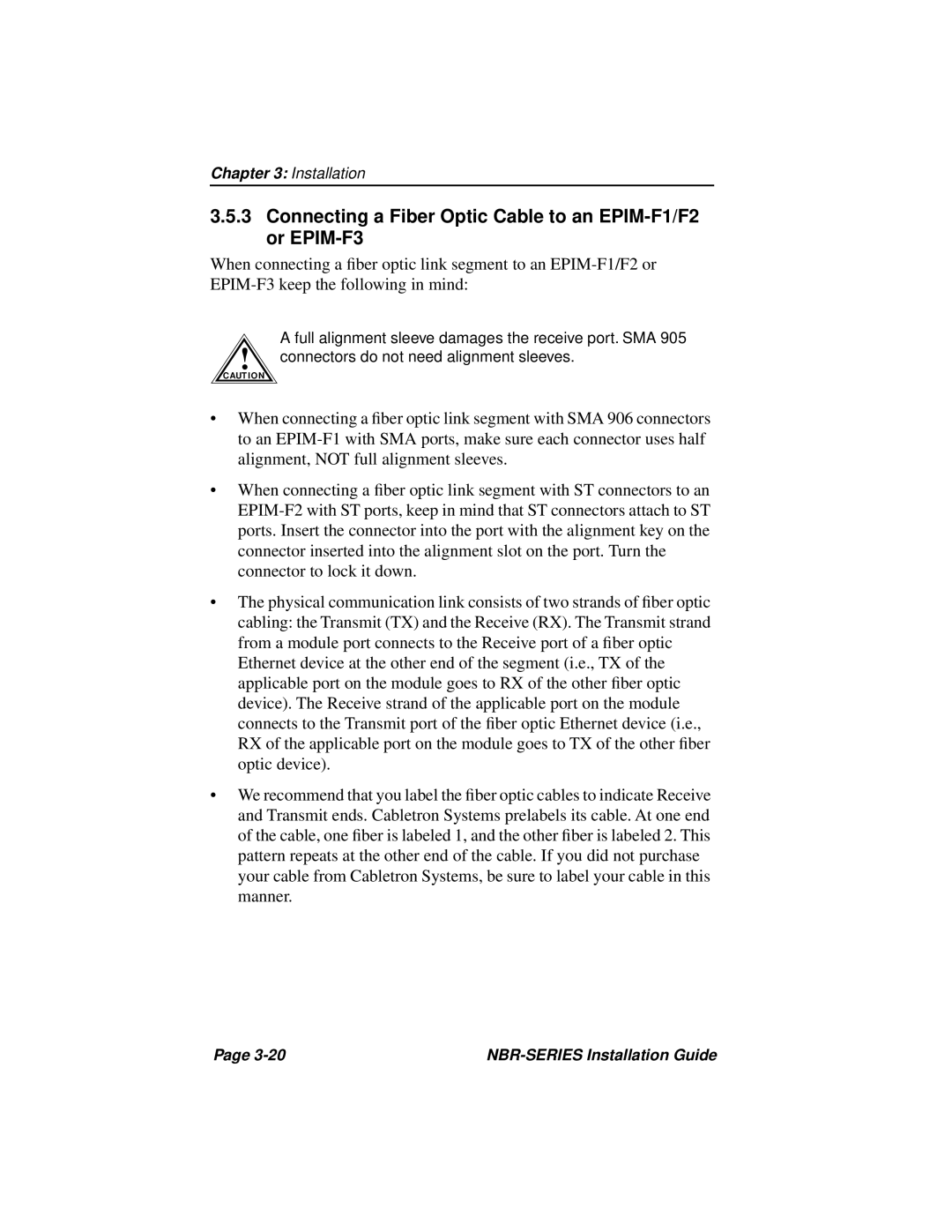 Cabletron Systems NBR-220, NBR-420, NBR-620 manual Connecting a Fiber Optic Cable to an EPIM-F1/F2 or EPIM-F3 