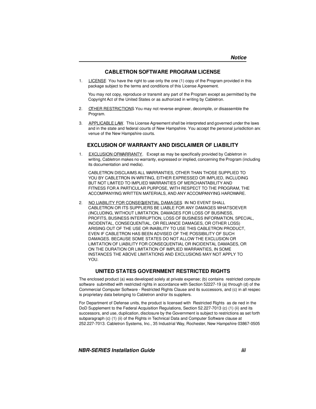 Cabletron Systems NBR-220, NBR-420, NBR-620 manual Cabletron Software Program License 