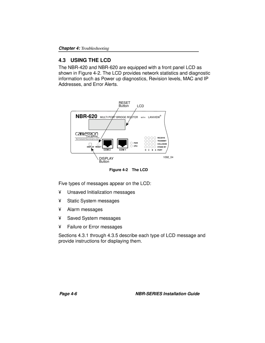 Cabletron Systems NBR-620, NBR-420, NBR-220 manual Using the LCD, Reset 