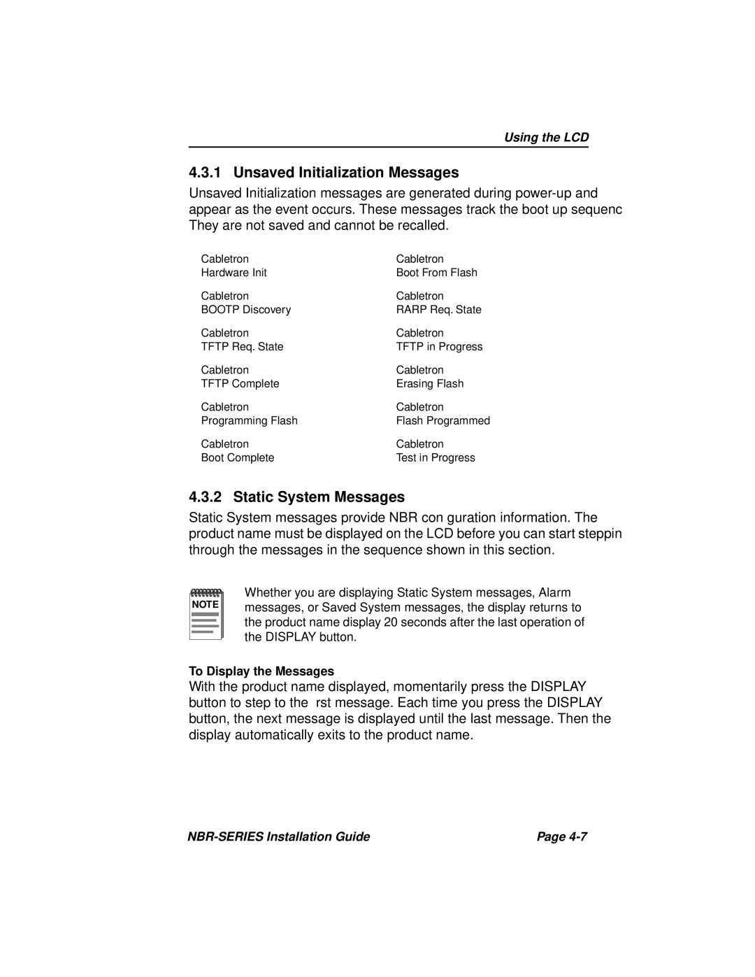 Cabletron Systems NBR-420, NBR-220, NBR-620 manual Unsaved Initialization Messages, Static System Messages 