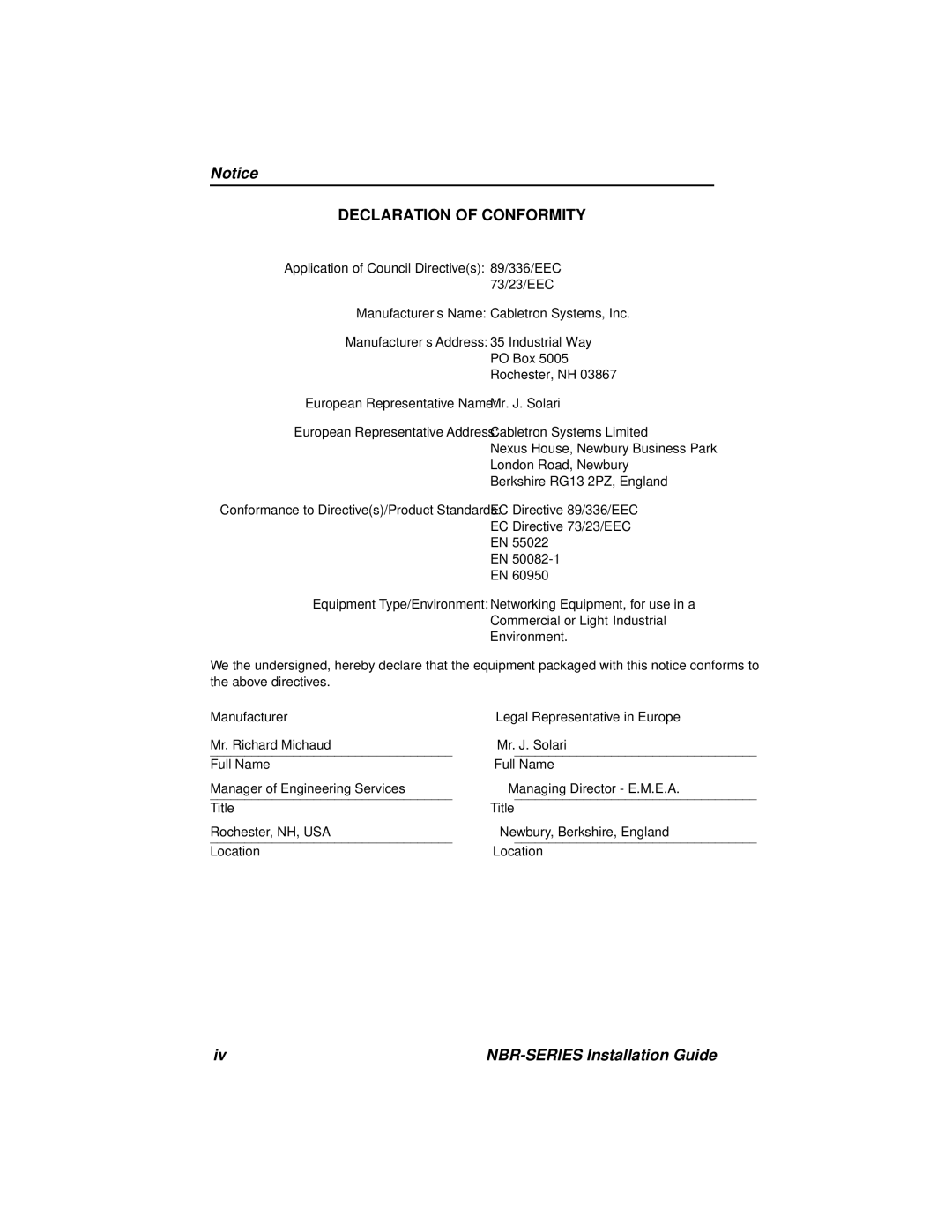 Cabletron Systems NBR-620, NBR-420, NBR-220 manual Declaration of Conformity 