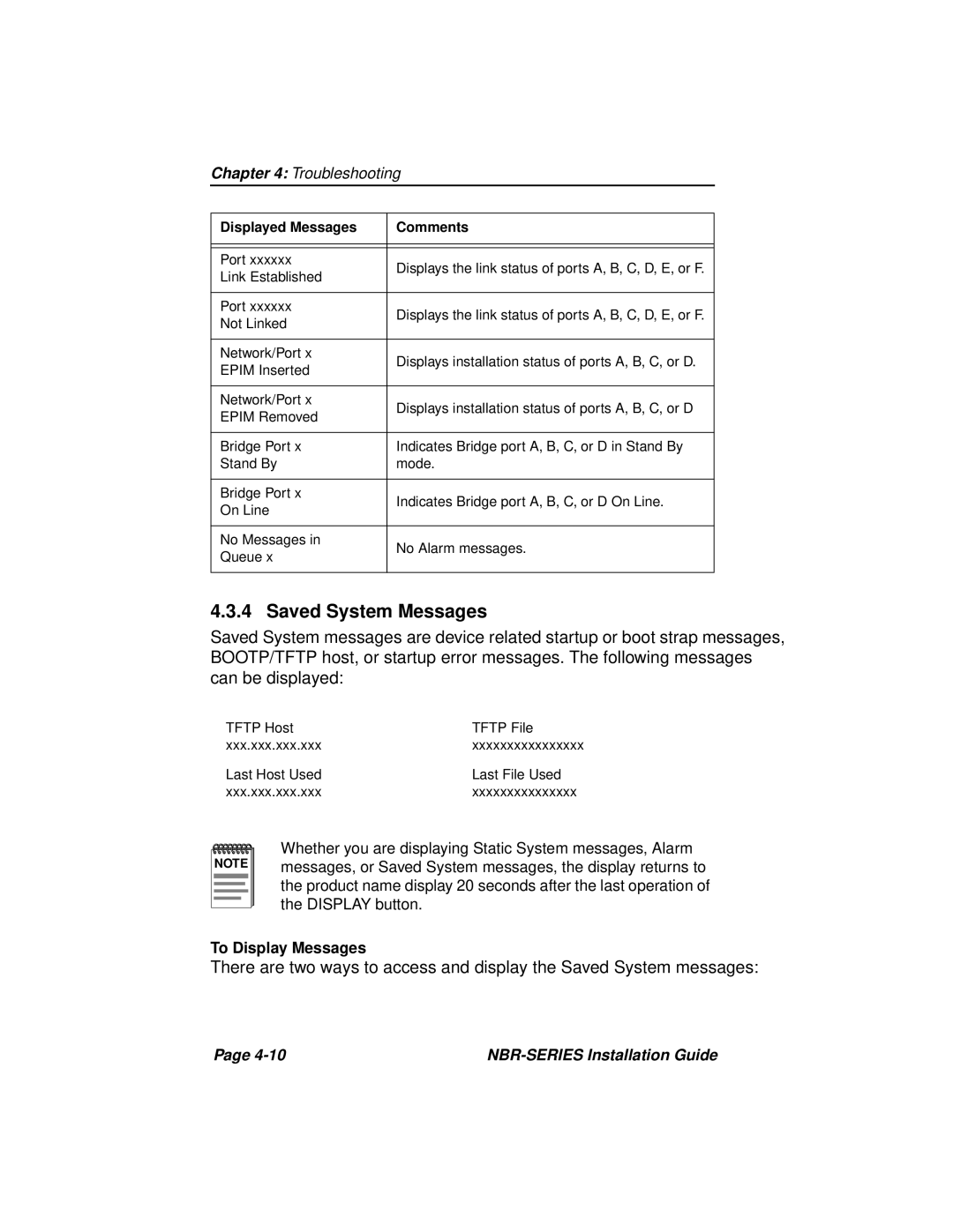 Cabletron Systems NBR-420, NBR-220, NBR-620 manual Saved System Messages 